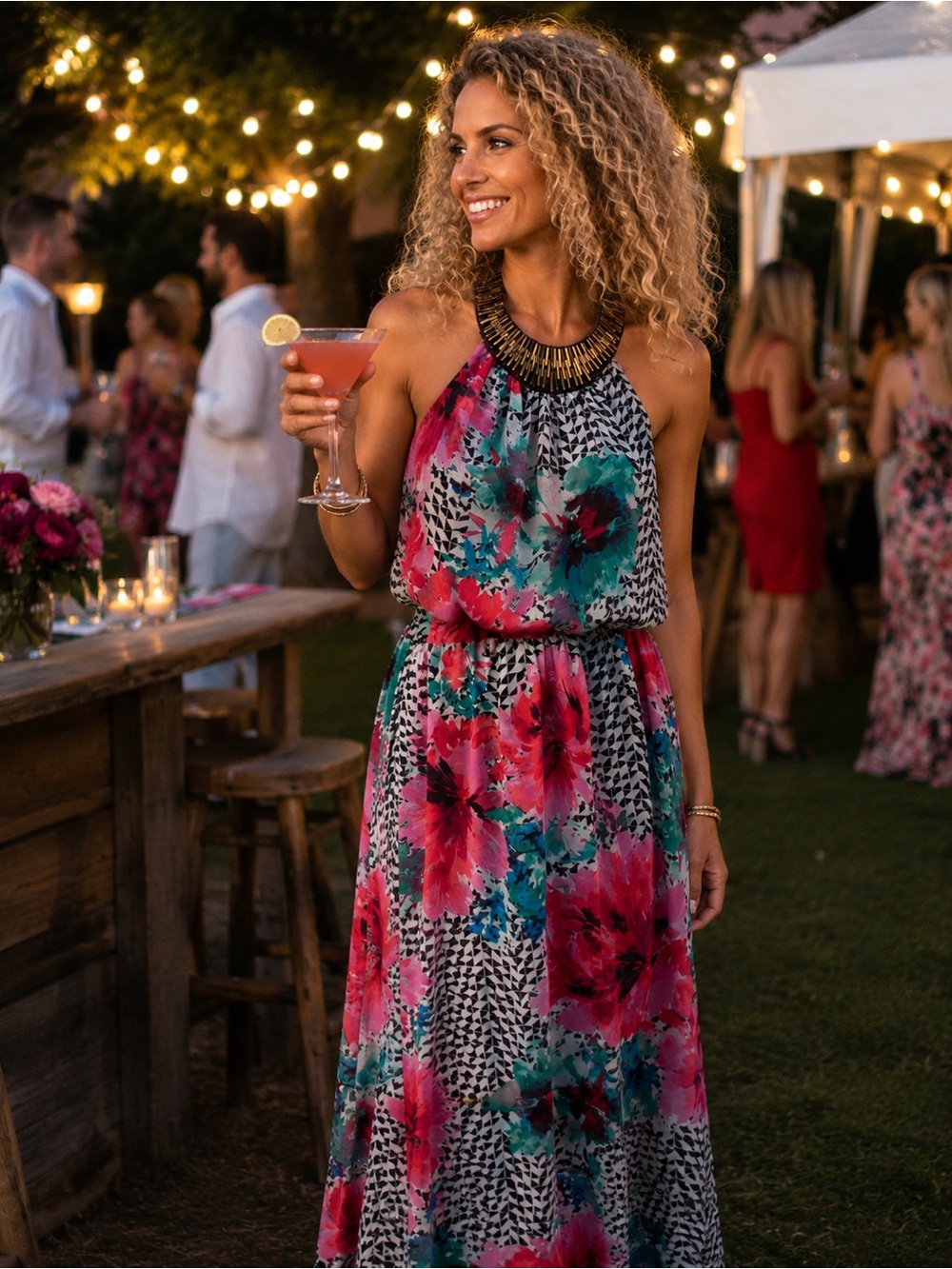 Floral Halter Maxi Dress in Pink & Teal